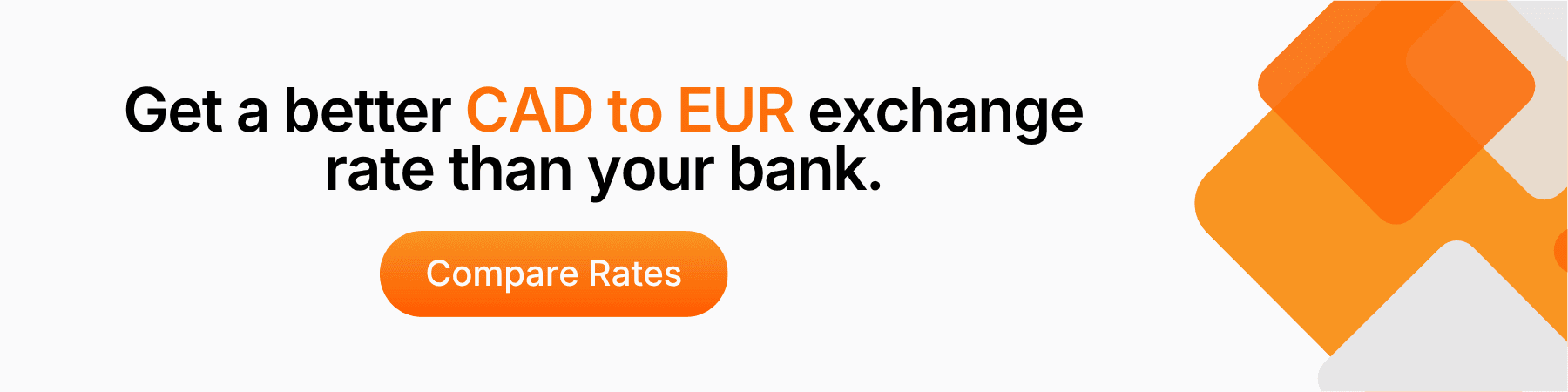 Banner promoting CAD to EUR conversion with "Compare Rates" button and orange graphics.
