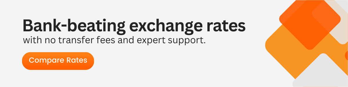 A clean and modern promotional banner with the text 'Bank-beating exchange rates with no transfer fees and expert support,' featuring a 'Compare Rates' call-to-action button.