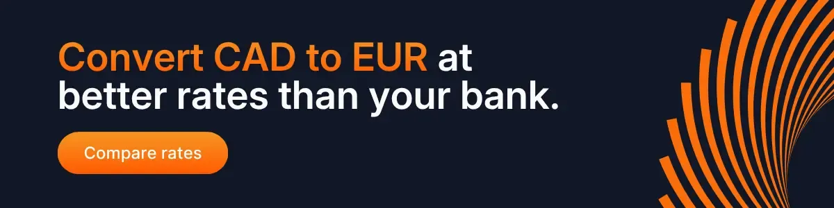Dark blue promotional banner with the text “Convert CAD to EUR at better rates than your bank,” orange compare rates button, and abstract curved orange design.