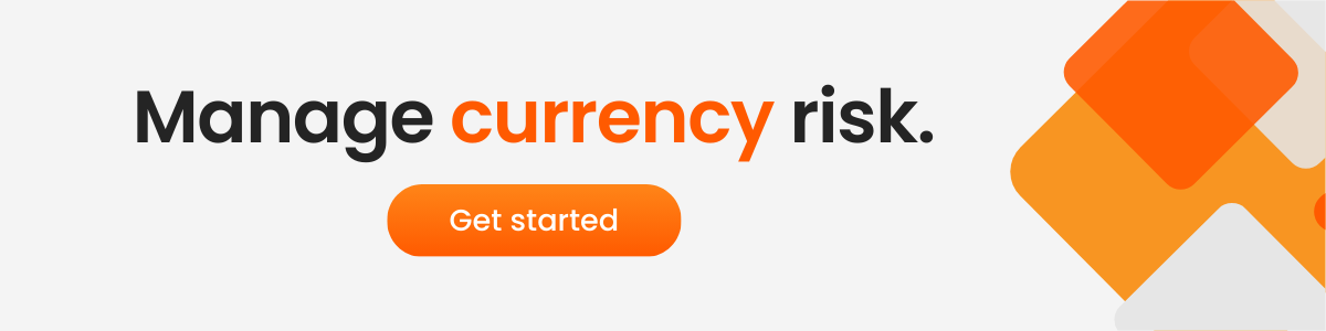 A digital banner with a white and orange color scheme displaying the text "Manage currency risk." and a bright orange "Get started" button. Abstract geometric shapes in shades of orange decorate the right side of the banner.