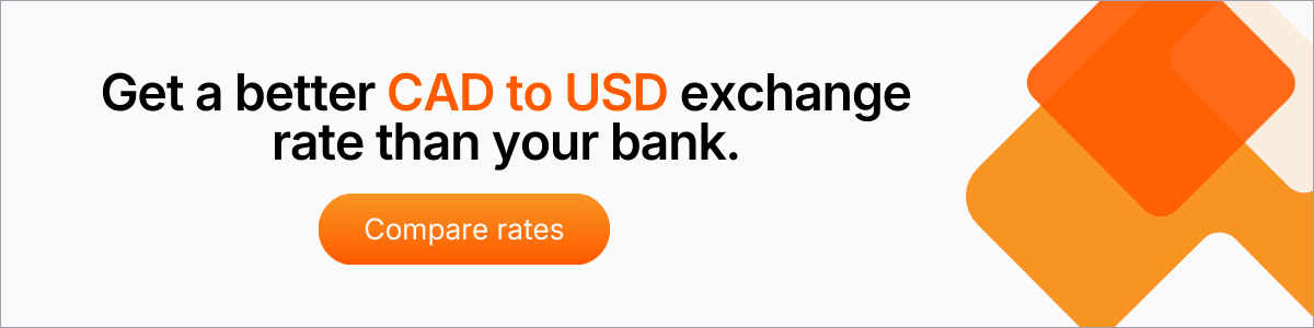 Banner with bold text offering bank-beating CAD to USD exchange rates with a compare rates button featuring orange geometric accents.