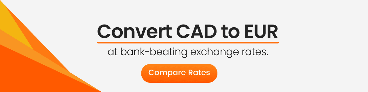 A banner promoting CAD to EUR conversion with the text: 'Convert CAD to EUR at bank-beating exchange rates. Compare Rates.