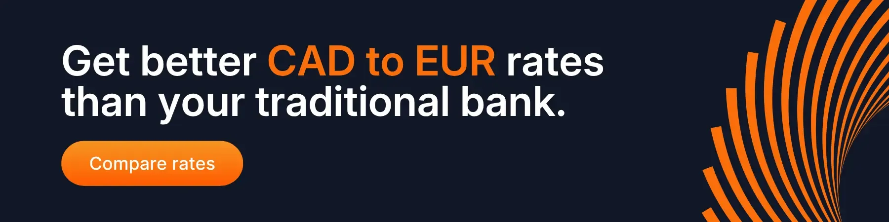 Promotional banner stating 'Get better CAD to EUR rates than your traditional bank' with an orange button labeled 'Compare rates' and dynamic orange graphic accents.