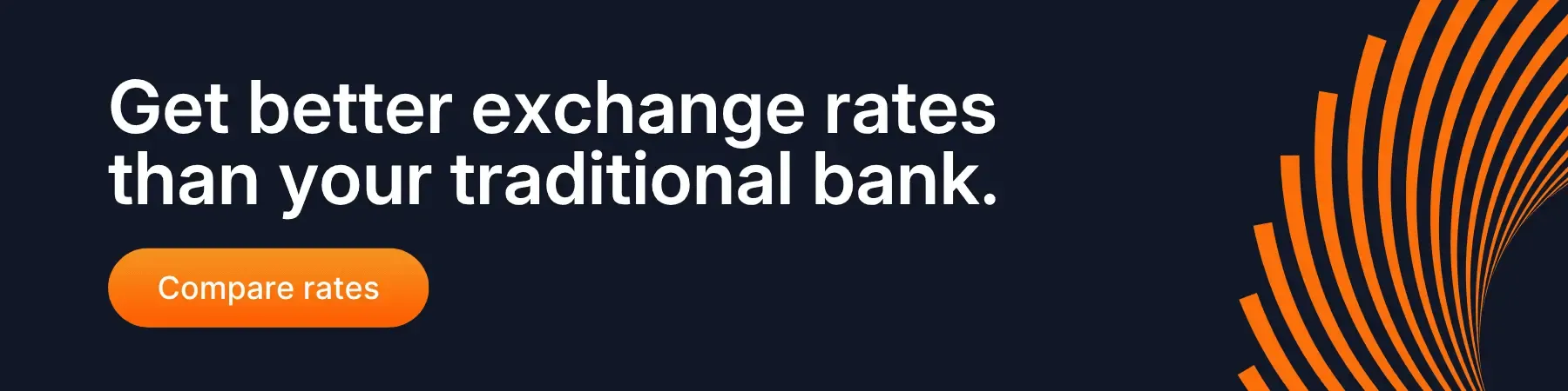 Promotional banner stating 'Get better exchange rates than your traditional bank' with a call-to-action button that says 'Compare rates', on a dark background with orange design accents.