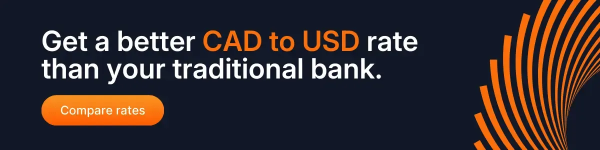 Banner promoting better CAD to USD exchange rates with a button that says 'Compare Rates' on a navy blue and orange-themed background.