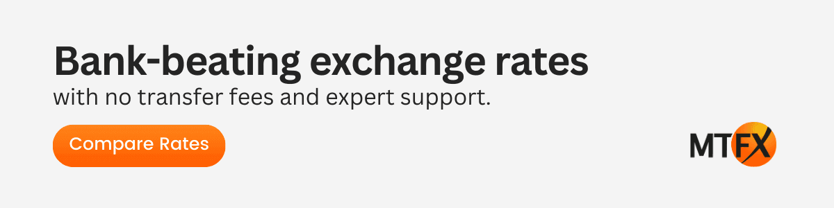 CTA visual saying "bank-beating exchange rates" and asking the visitor to compare rates.