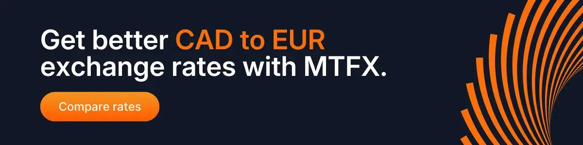 MTFX banner with the message “Get better CAD to EUR rates than your traditional bank. Compare rates,” highlighting competitive foreign exchange services for Canadian dollar to Euro transfers.