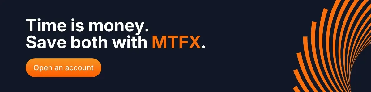 Dark background banner with bold white and orange text reading 'Time is money. Save both with MTFX.' accompanied by an orange button labeled 'Open an account' and abstract orange curved line design on the right side.