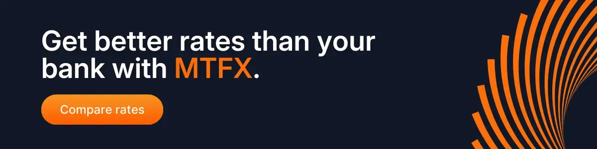 CTA banner with dark background and orange swirl design highlighting the message “Get better rates than your bank with MTFX,” with a button that says “Compare rates.”