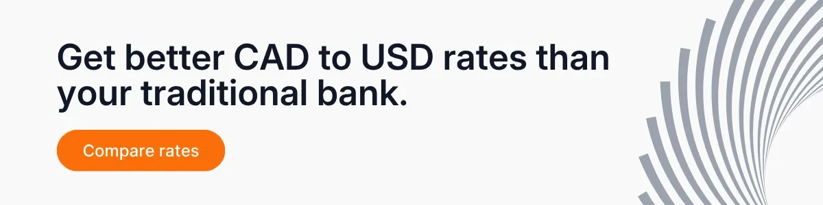 CAD to USD exchange rate banner encouraging users to compare rates against traditional banks.