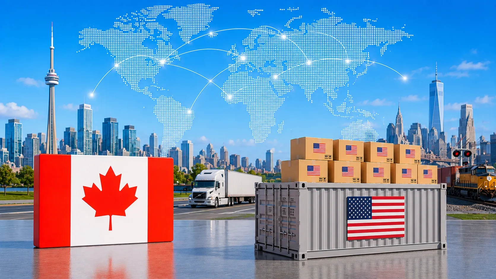 Illustration of Canada-US trade and supplier payments, showing a Canadian flag beside U.S.-branded shipping containers and cargo boxes, with a truck, train, city skyline, and global connection map in the background.