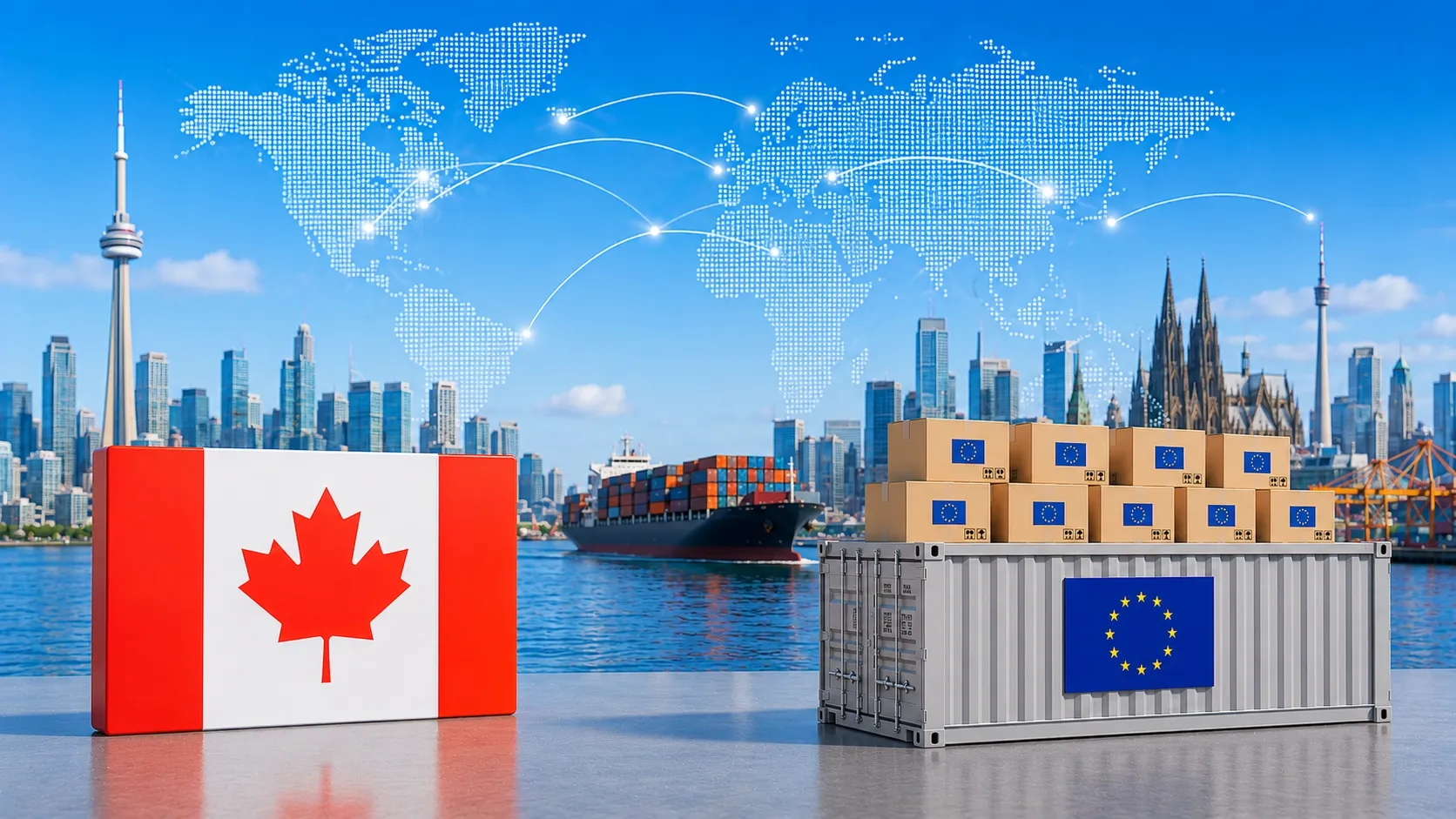 Illustration of Canada-EU trade and supplier payments, showing a Canadian flag beside EU-branded shipping containers, cargo boxes, a freight ship, city skyline, and global connection map.