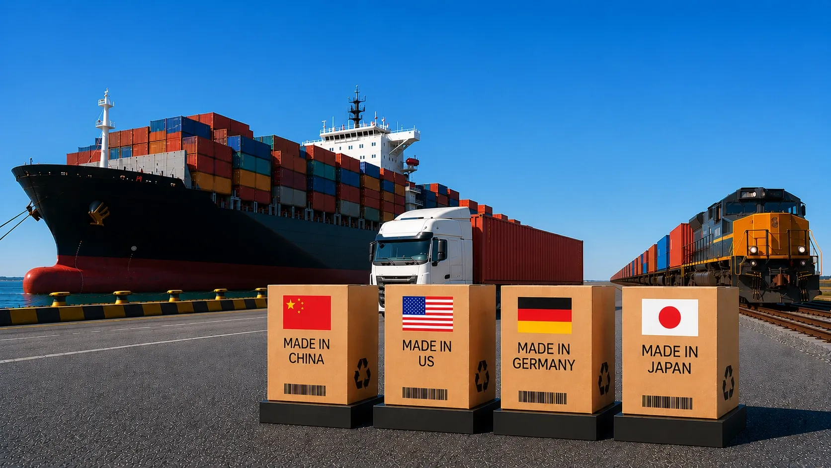Global import and export logistics featuring cargo ship, freight train, transport truck, and country-of-origin shipping boxes from China, the United States, Germany, and Japan at an international shipping port