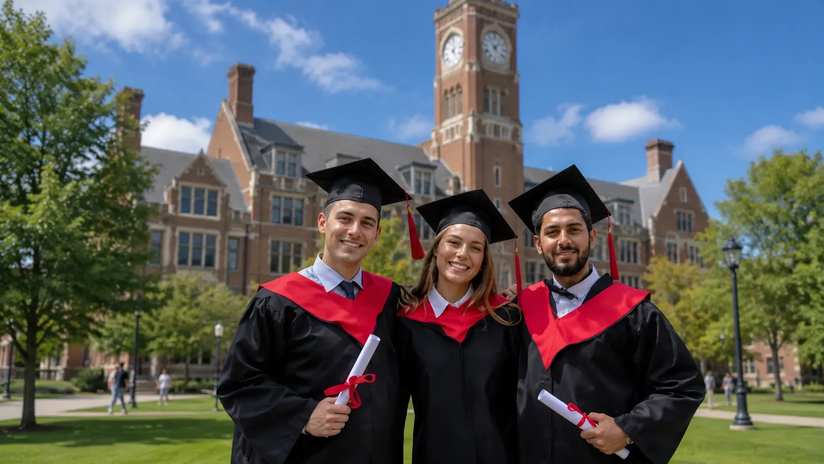 Canadian students graduating from an international university campus while managing tuition costs affected by CAD exchange rates.