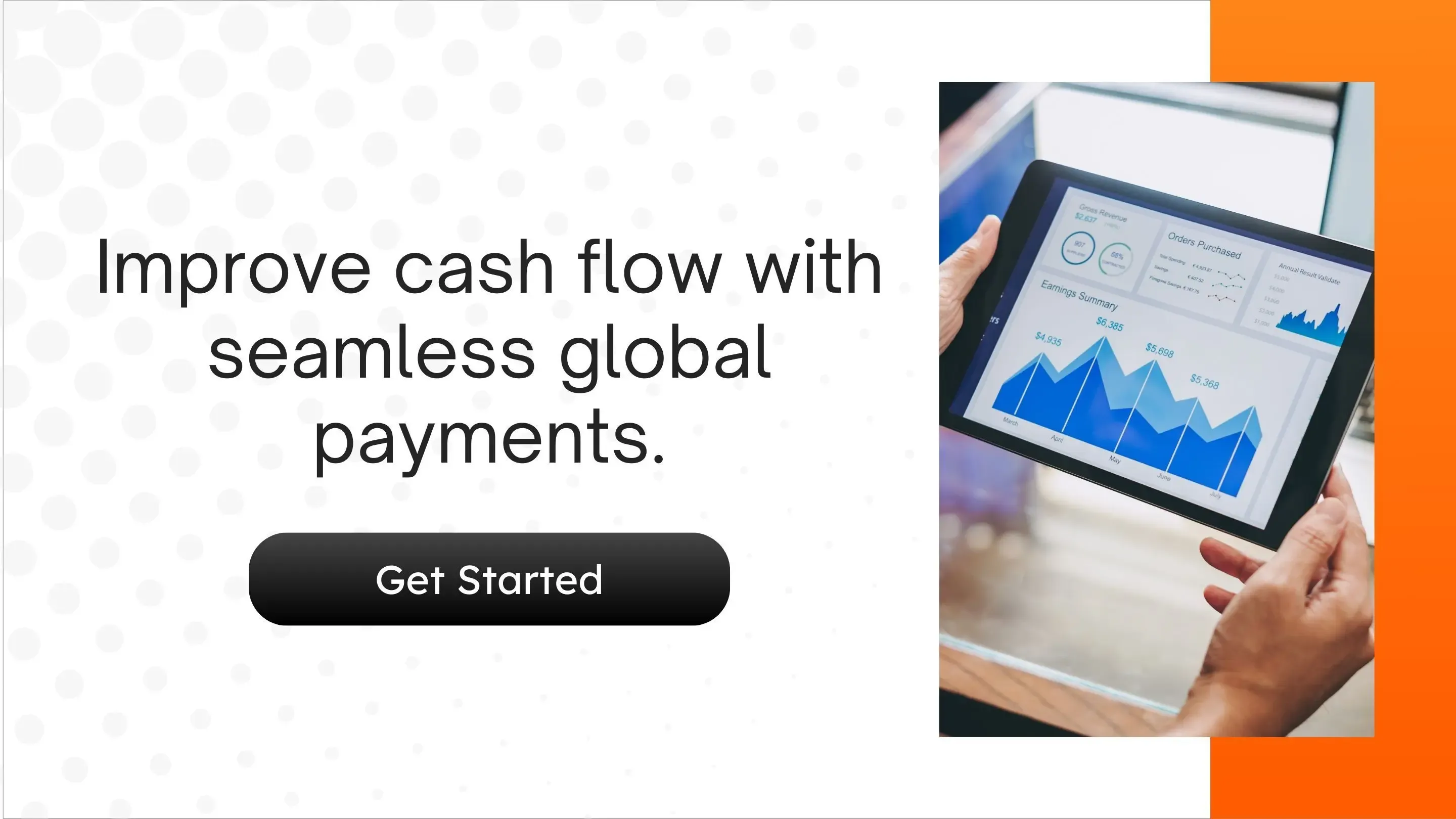 Person holding a tablet displaying a financial dashboard with earnings summary and cash flow charts, representing streamlined global payment solutions for improving cash flow.