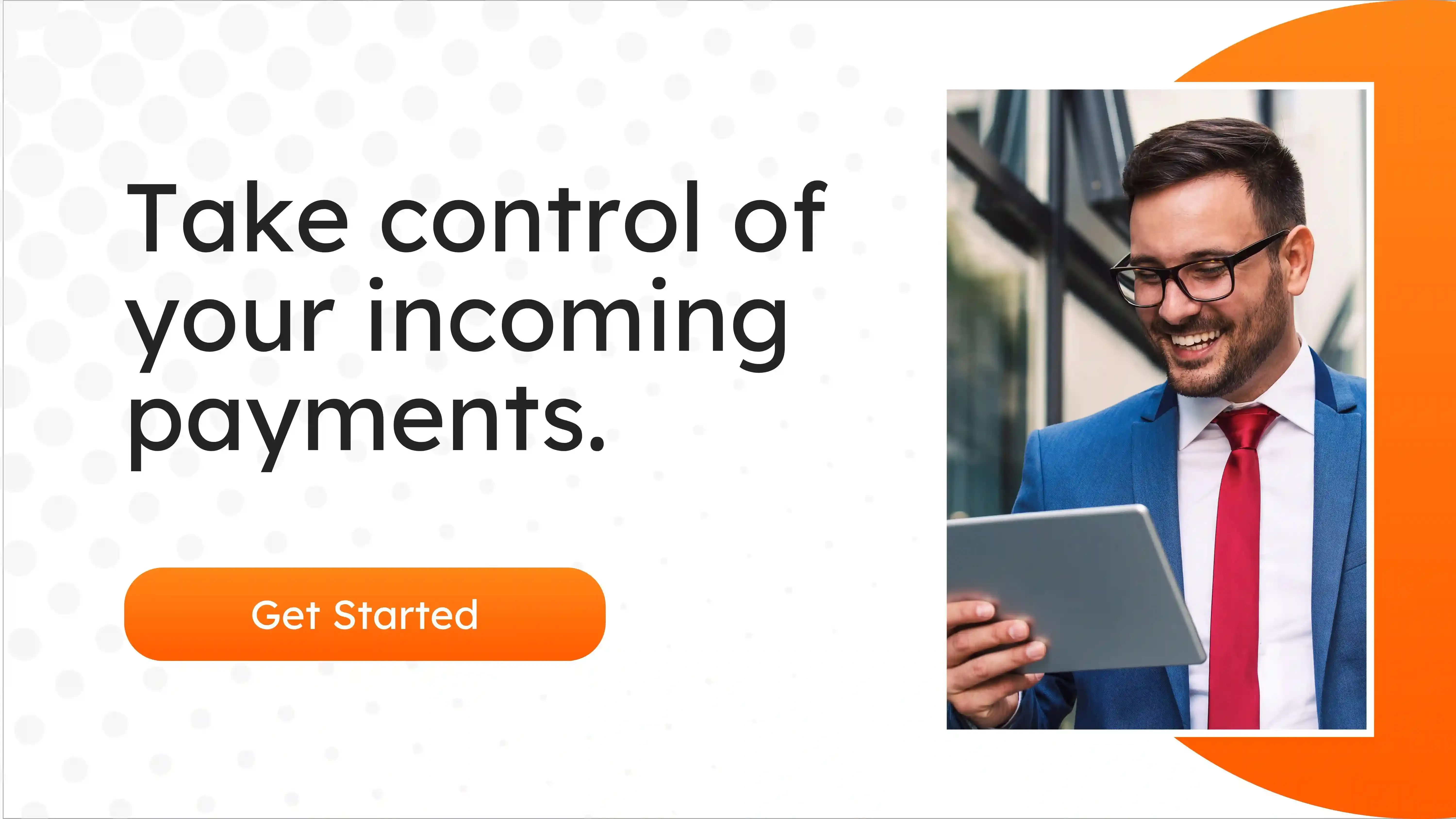 Smiling businessman in a blue suit and red tie using a tablet, next to text promoting control over incoming international payments with MTFX.