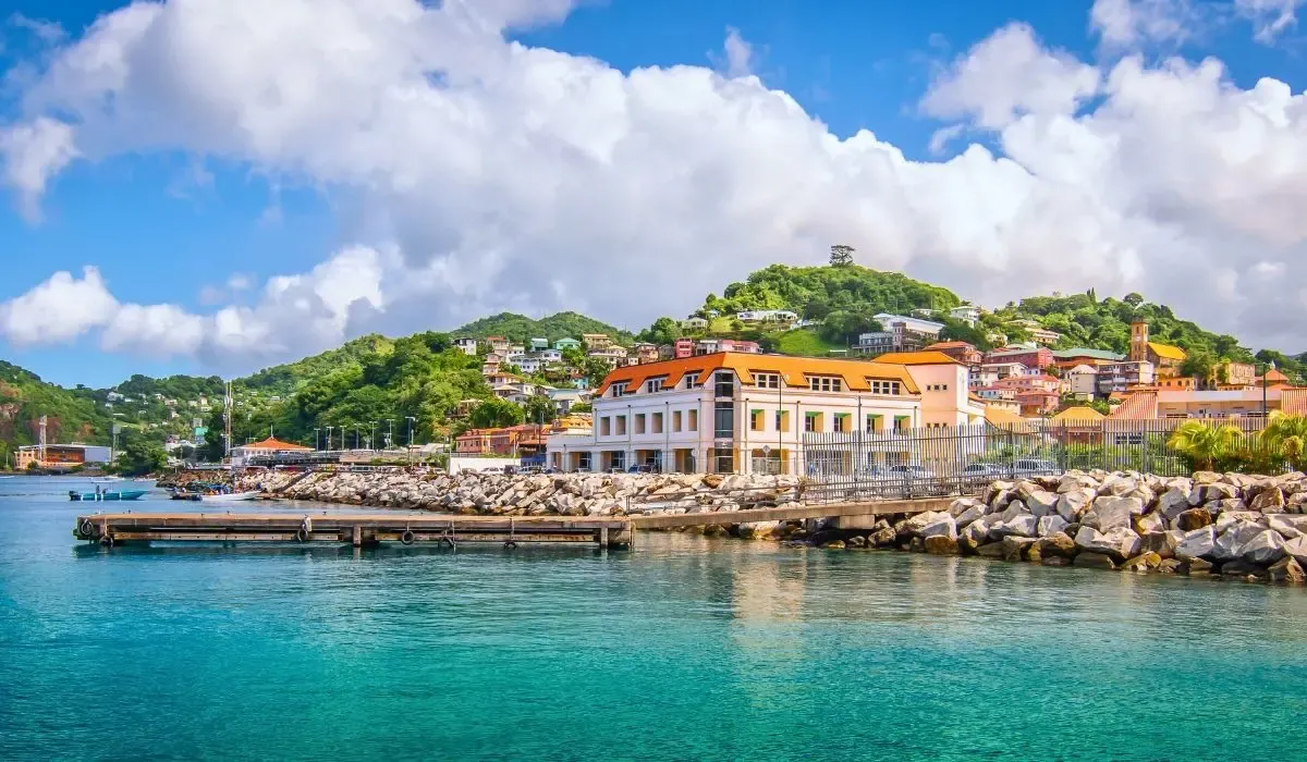 A serene harbor in Grenada, with colorful fishing boats anchored near the shore and green hills rising in the background.