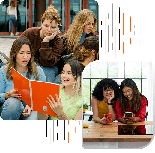 Groups of international students reading and using smartphones together in a relaxed, social setting.