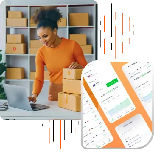 Female entrepreneur surrounded by cardboard boxes using a laptop, next to a mobile interface showing live exchange rates.