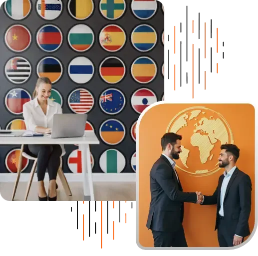 Woman working on a laptop in front of a wall decorated with circular world flags, paired with two businessmen shaking hands in front of a globe icon.
