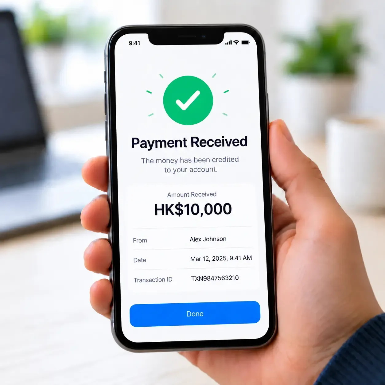 Smartphone displaying a payment confirmation for HK$10,000, showing a successful international money transfer.