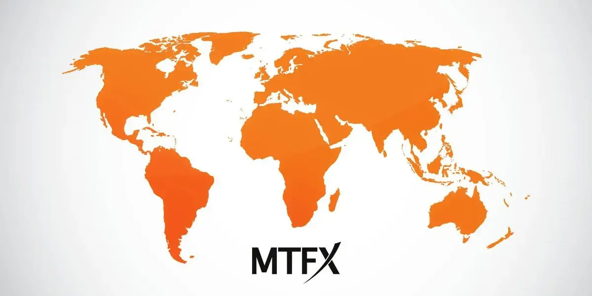 An orange world map with the MTFX logo below it, representing MTFX’s global reach and global money transfer network.