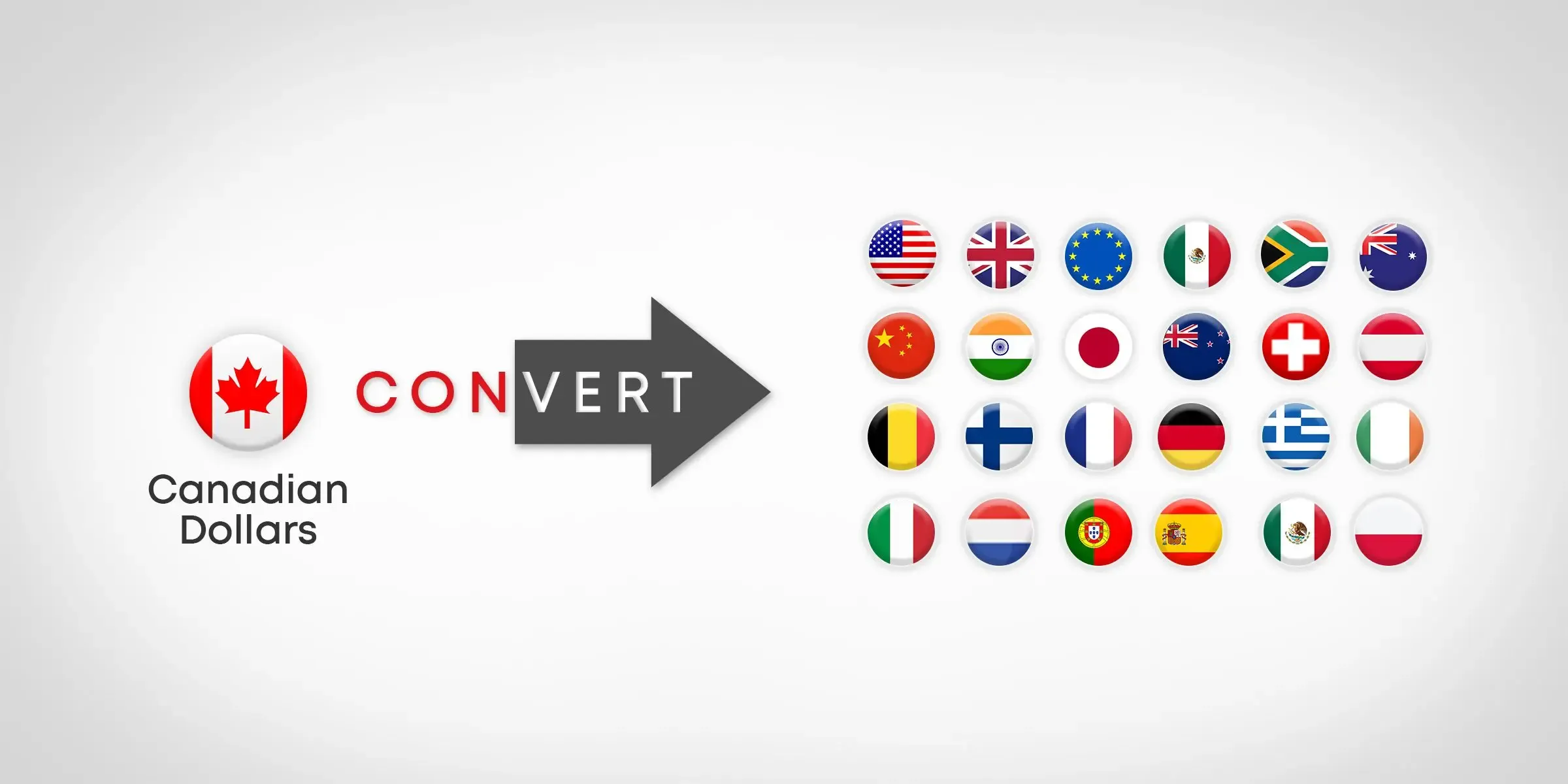 Convert Canadian dollars to multiple international currencies with country flags and a currency exchange graphic.