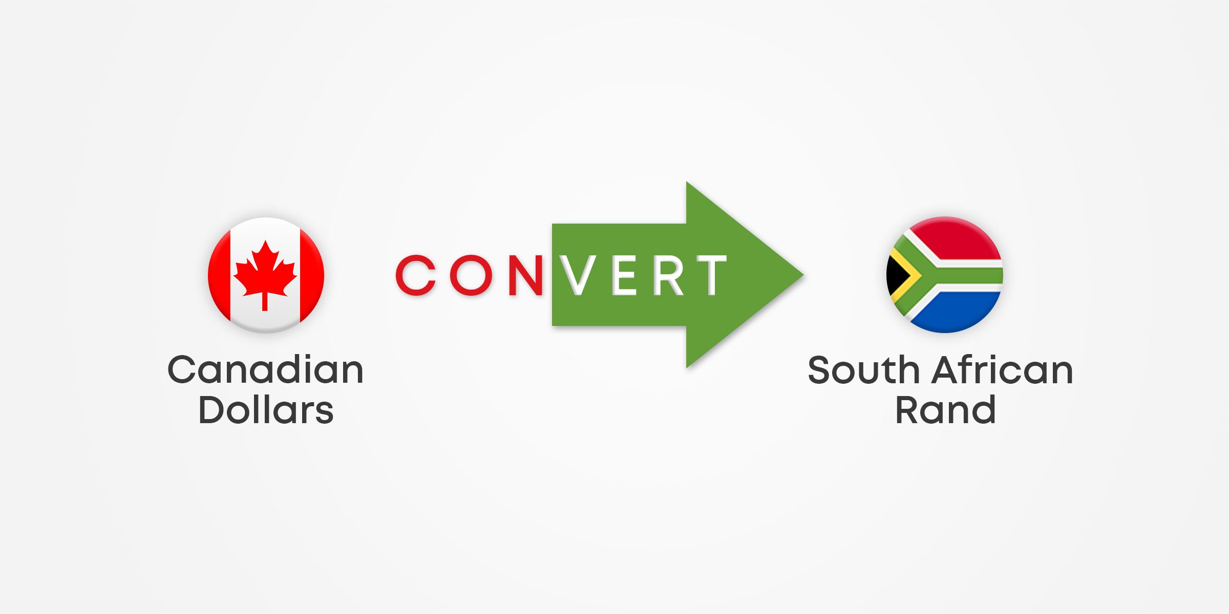 Convert Canadian Dollars to South African Rand illustration with country flags and a green arrow indicating currency exchange direction.