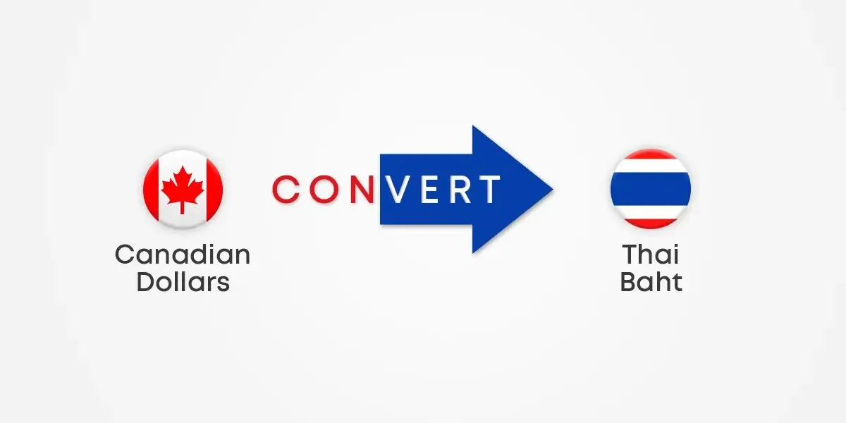 Illustration of Canadian dollars converting to Thai baht with country flags and a blue arrow labeled 'convert'