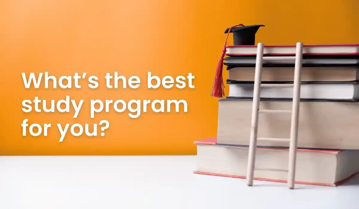 Hero image visual showing a graduation cap on top of books with a ladder on the side.