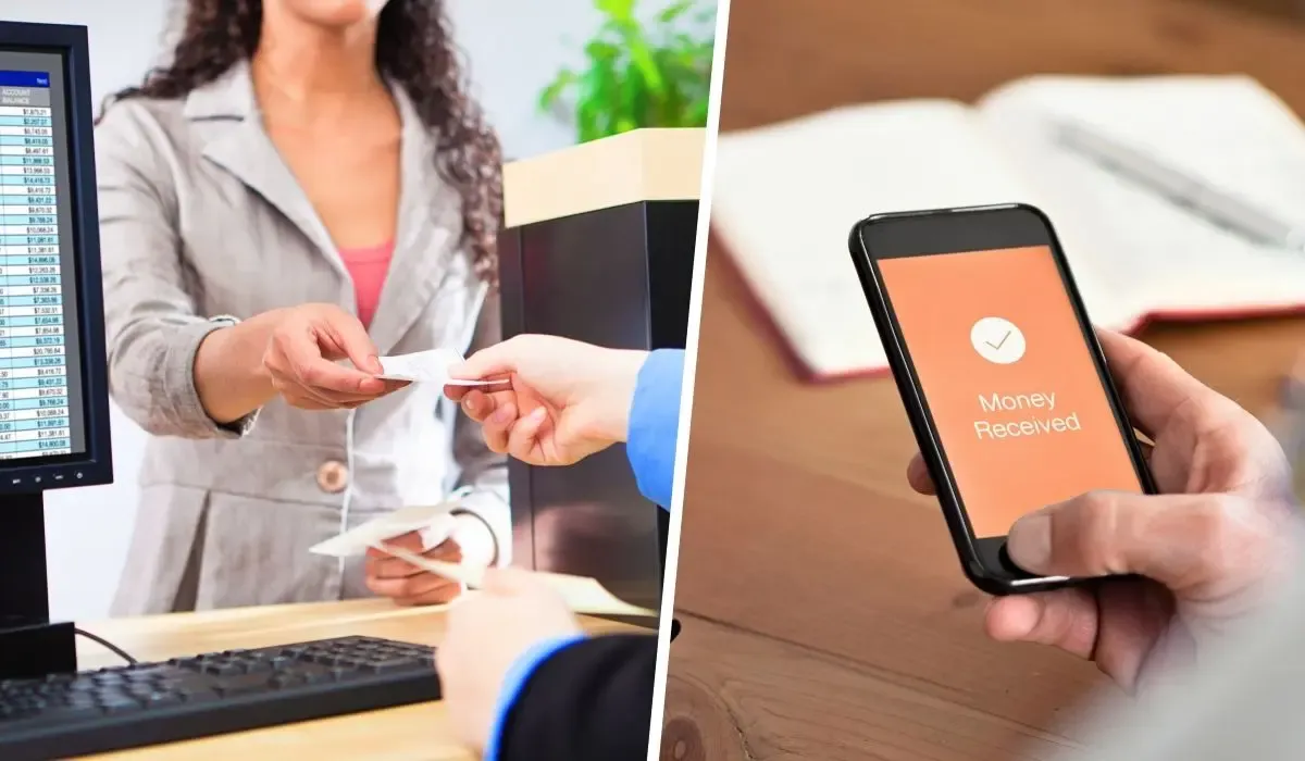 Hero image visual showing a woman handing a check to a bank clerk and on the other side a person looking at "money received" message on their phone.