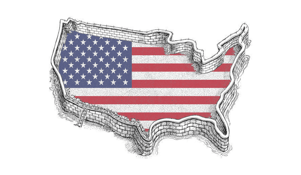 A hand-drawn illustration of the United States' map is enclosed by a fortified wall, resembling a fortress. The interior of the country is filled with the American flag pattern, symbolizing economic protectionism, supply chain isolation, or trade barriers.