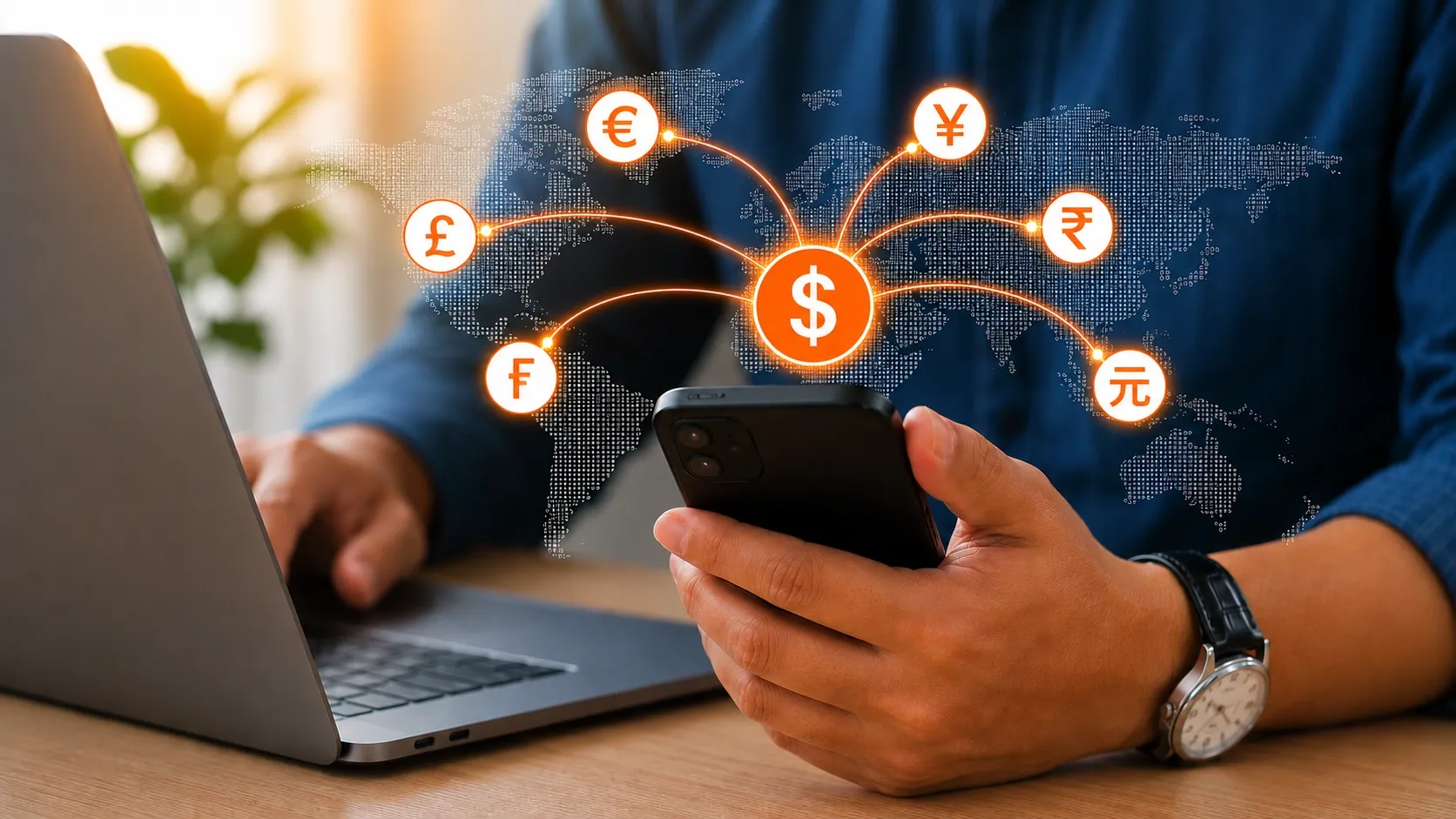 Business professional using a smartphone and laptop with a global currency network overlay featuring US dollar, euro, British pound, Japanese yen, Chinese yuan, Indian rupee, and Swiss franc symbols, illustrating how global money transfers work across international financial markets.