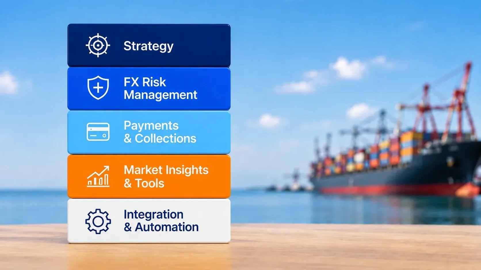Stacked FX solution blocks for strategy, risk management, payments and collections, market insights, and automation, with a blurred cargo ship and port in the background.