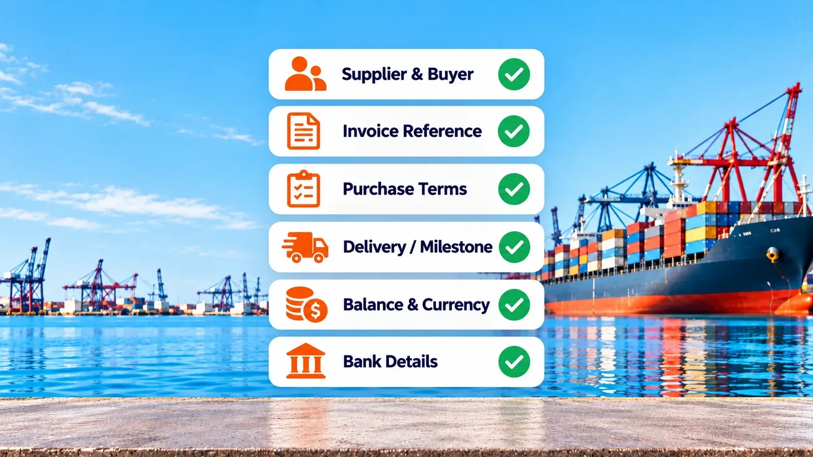 International supplier invoice approval checklist showing supplier and buyer details, invoice reference, purchase terms, delivery milestones, balance and currency, and bank details against a global shipping port.