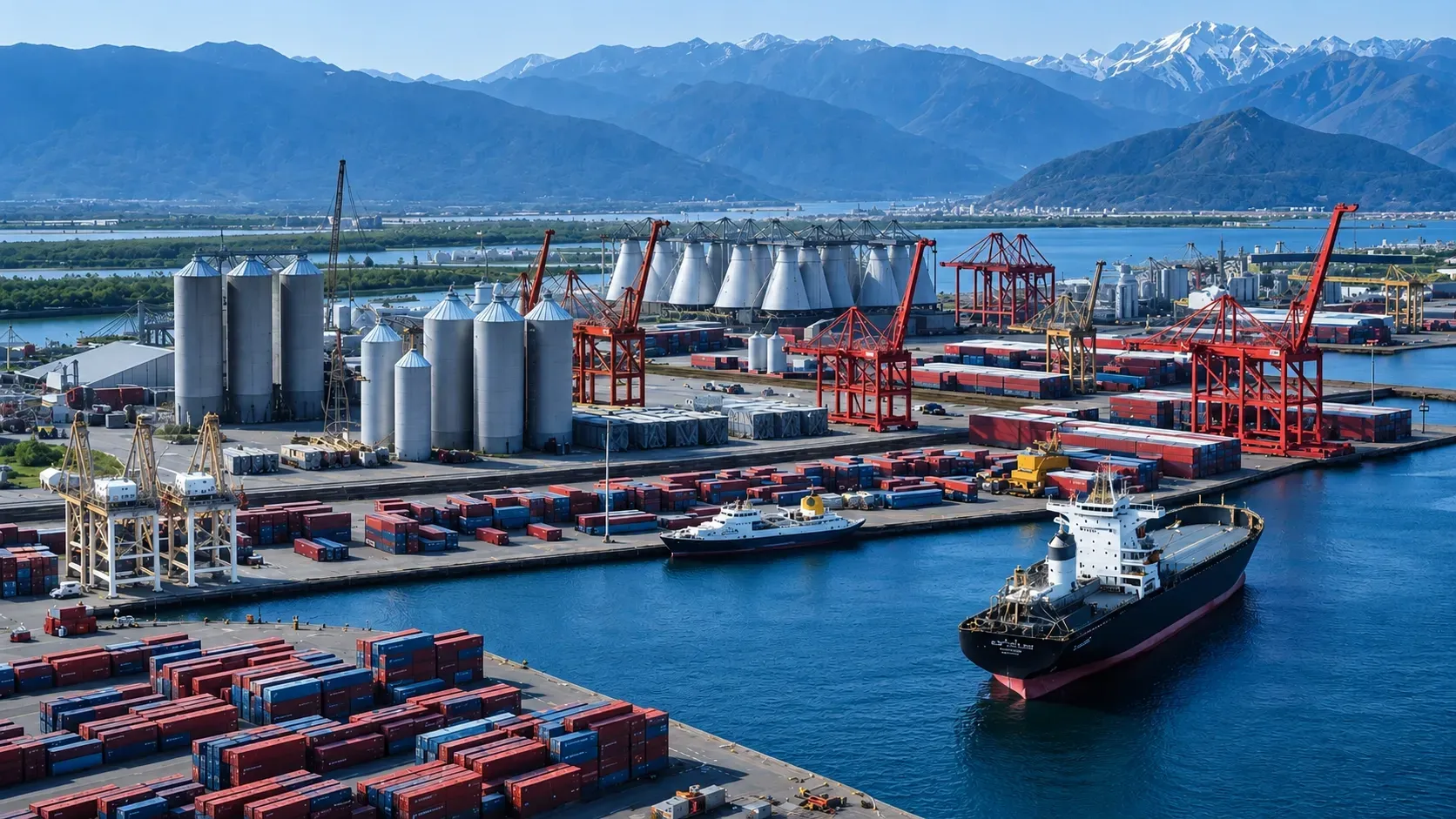 Aerial view of a busy seaport with cargo containers, cranes, storage silos, and a large ship docked near blue water with mountains in the background.