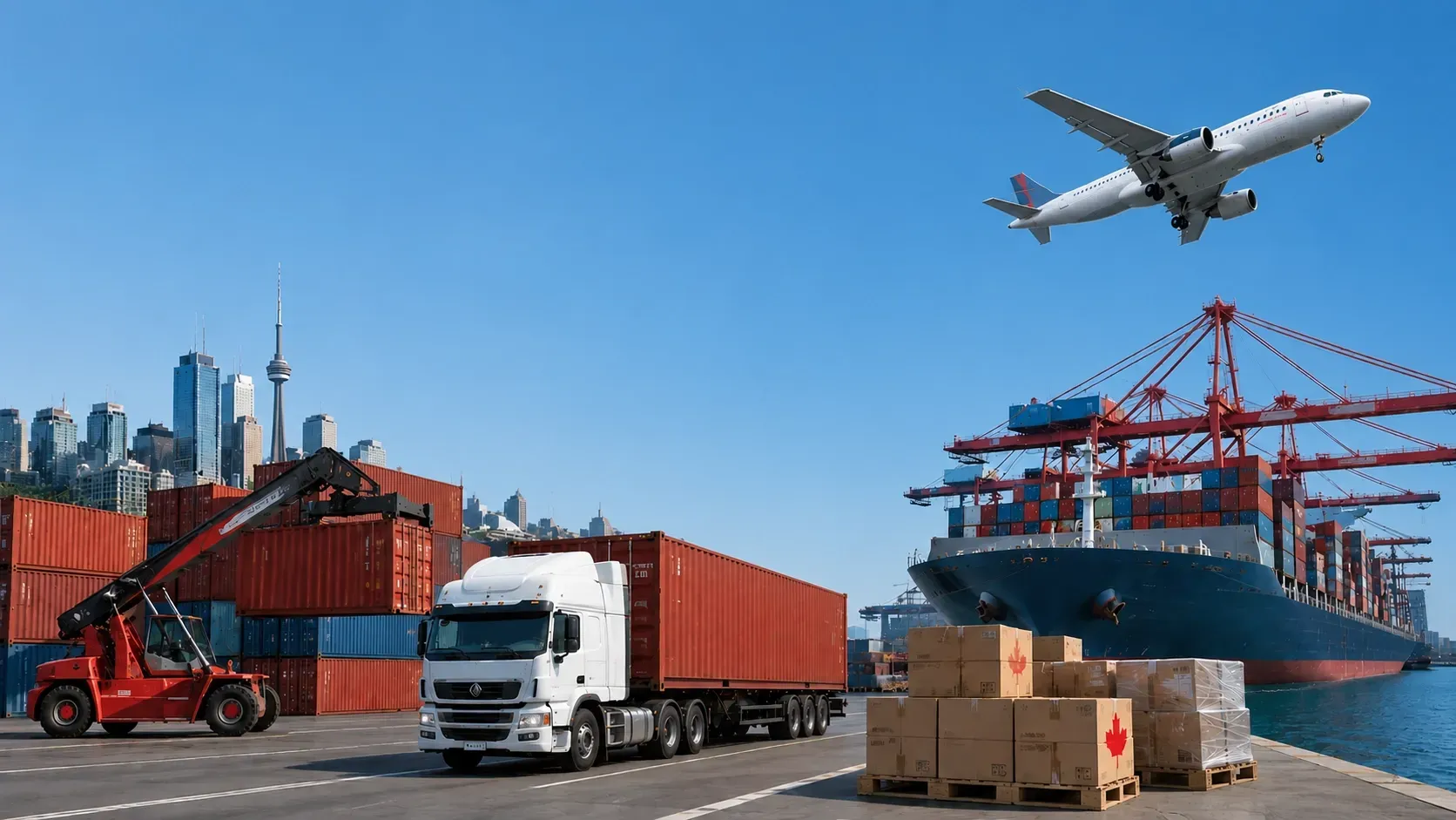 Cargo ship, container truck, and freight aircraft operating at a Canadian shipping port with Toronto skyline in the background.