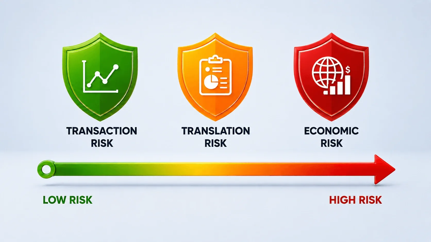 Illustration showing three levels of currency risk: transaction risk in green, translation risk in orange, and economic risk in red, arranged above a low-to-high risk scale.