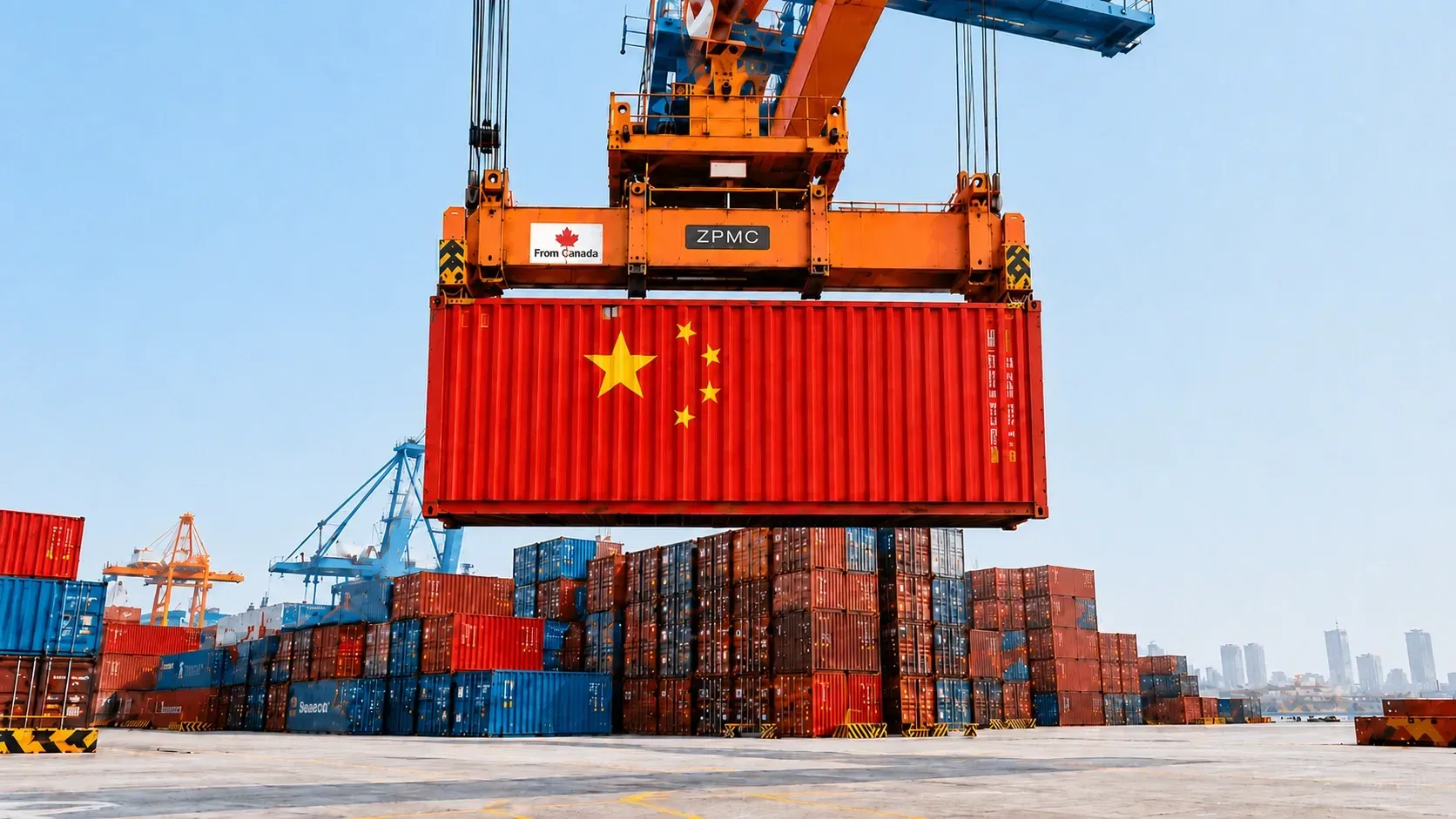 A large red shipping container with the Chinese flag hangs from an orange port crane above a busy container yard, with a small Canada label indicating goods being exported from Canada to China.