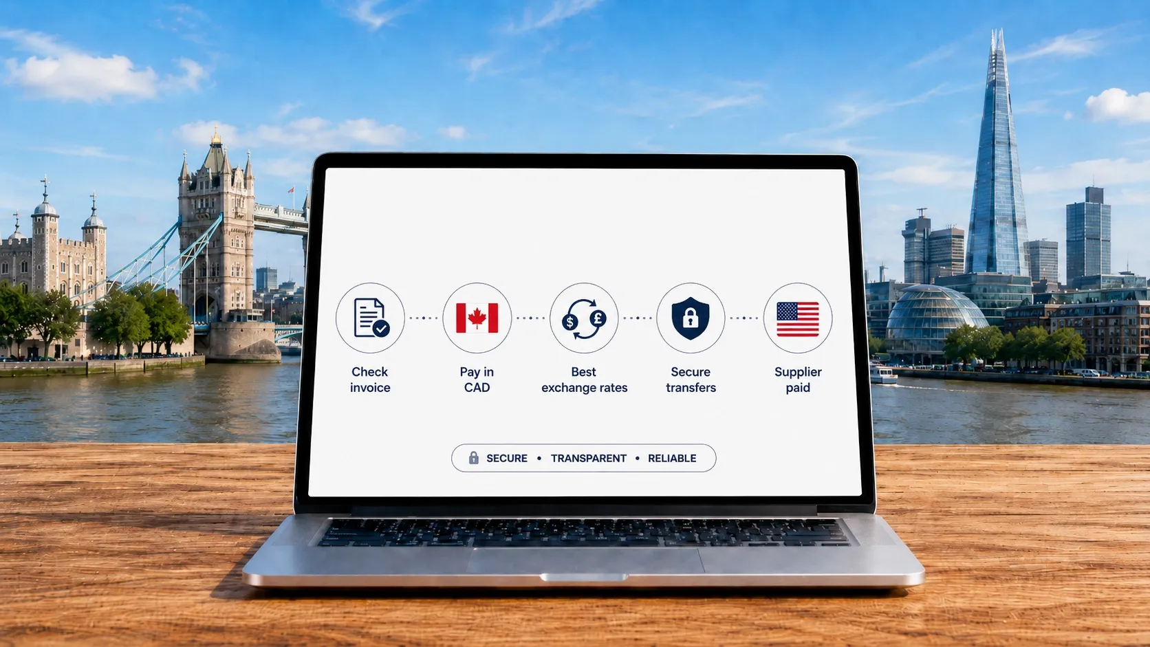 Laptop displaying a five-step Canada-to-UK supplier payment process, with CAD payment, exchange rate, secure transfer and supplier payment, set against a London skyline with Big Ben and Westminster Bridge.