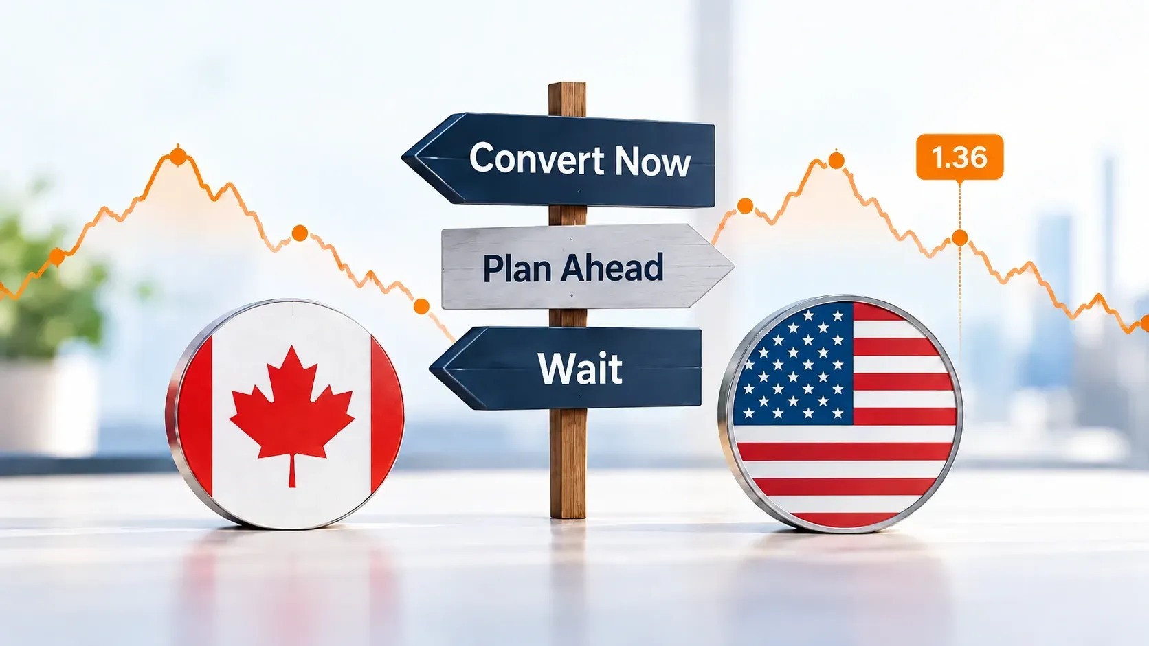 CAD and USD symbols beside a “Convert Now” or “Wait” signpost, with an exchange-rate chart showing currency timing for a large CAD to USD conversion.