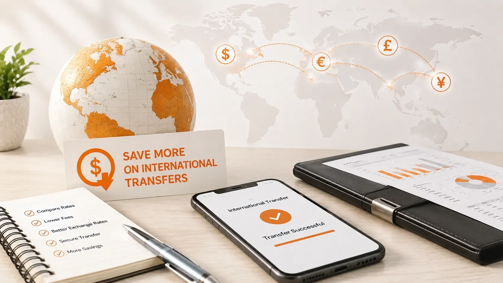 Professional workspace with global transfer dashboard, smartphone, financial reports and world map illustrating cost-effective international money transfers.