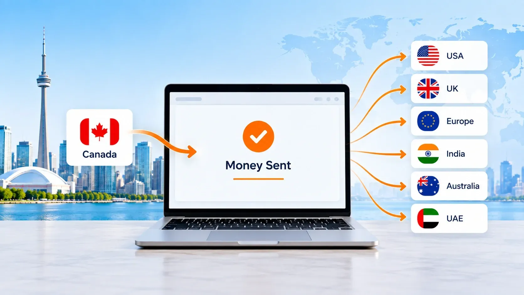 Laptop displaying an online CAD-to-USD money transfer from Canada, with international currency icons and a world map in the background.