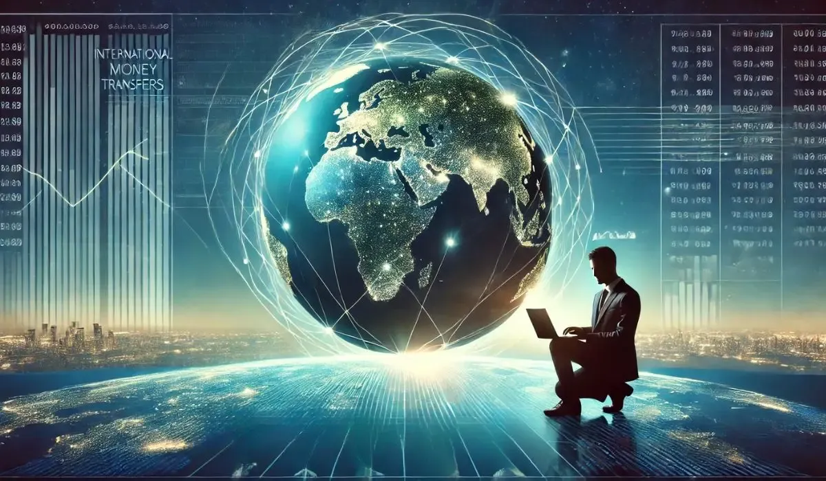 Visual representation of global money transfers with a businessman working on a laptop and a glowing digital globe surrounded by interconnected data lines.