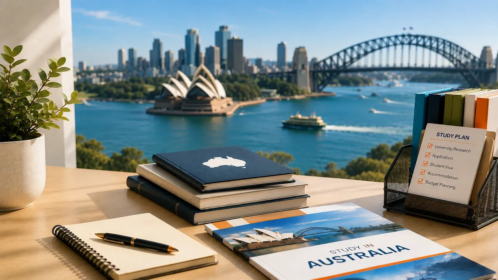 Canadian study planning desk with Australia map, Sydney landmarks, study checklist, and travel essentials for studying abroad.