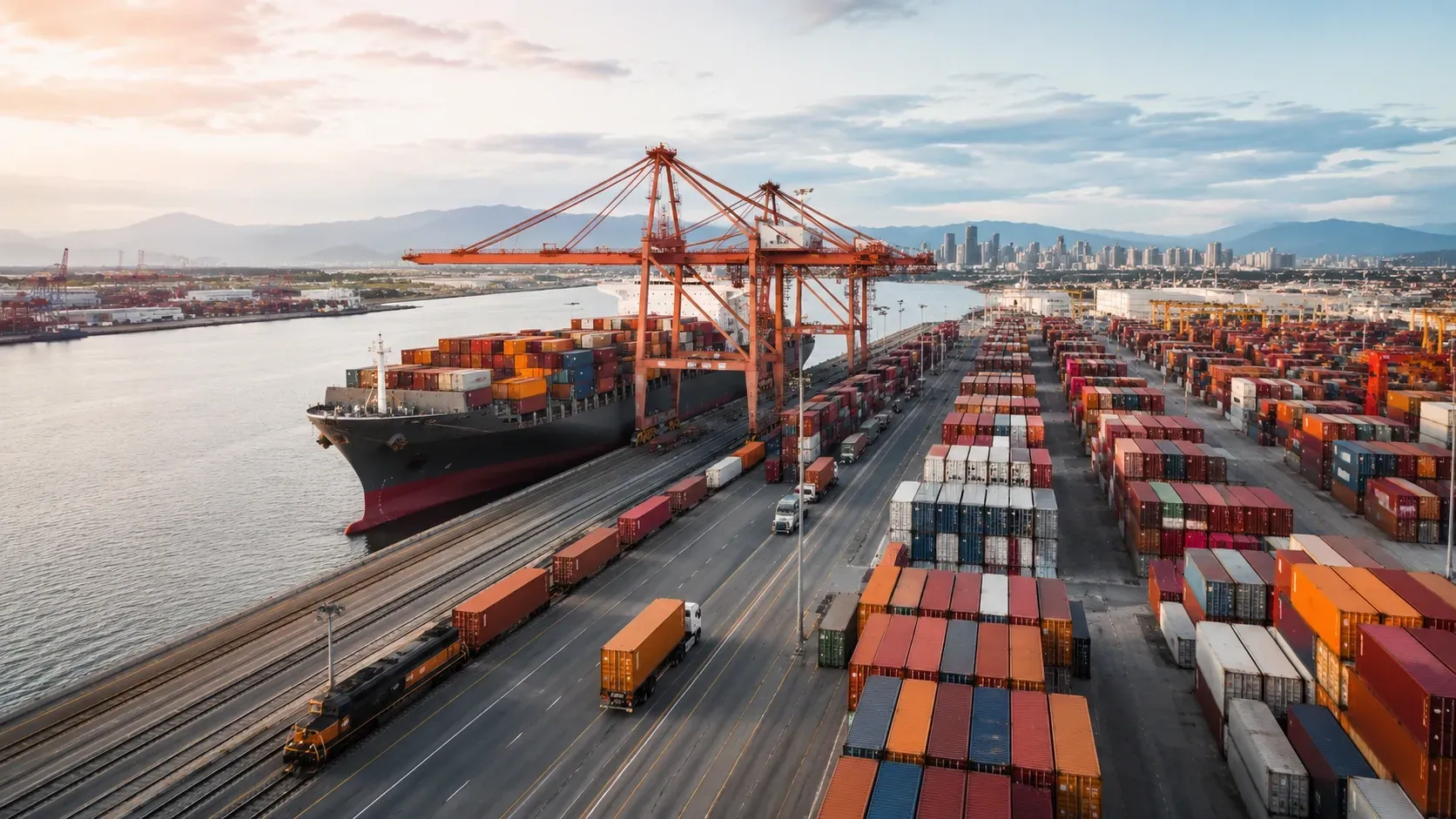 Aerial view of a Canadian container port with cargo ship, shipping containers, cranes, freight rail, and trucks supporting commercial imports.