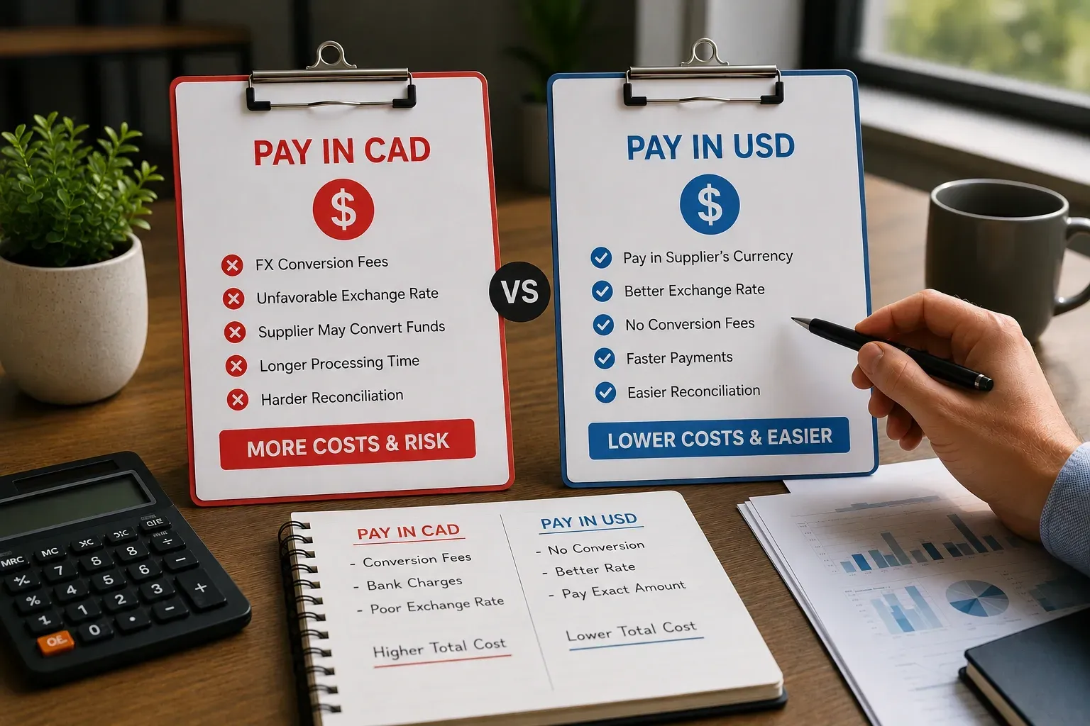 Comparison of paying US suppliers in CAD versus USD using two side-by-side clipboards on a modern office desk with financial documents, calculator, and business workspace.
