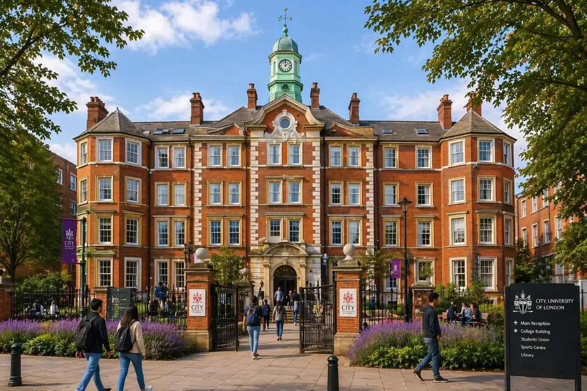 Students entering the historic red-brick campus building of Imperial College London, featuring a central clock tower, landscaped gardens, and tree-lined pathways on a sunny day.