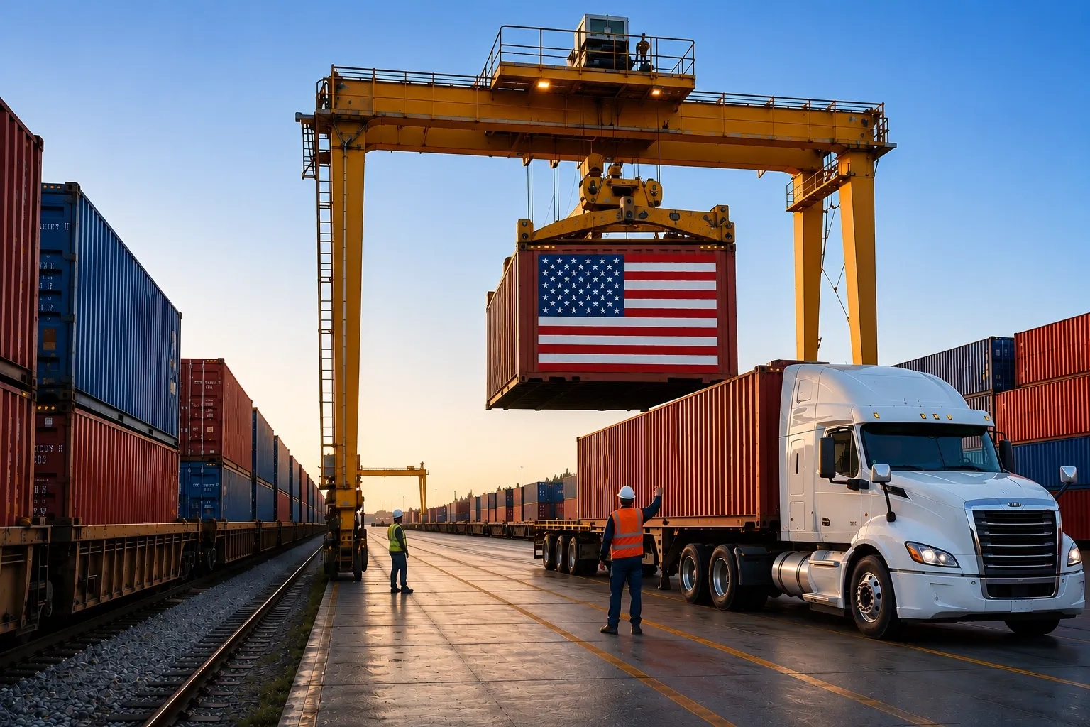 Intermodal freight terminal with crane loading a US flag container from rail to truck, showcasing Canada to US supply chain and cross-border logistics.