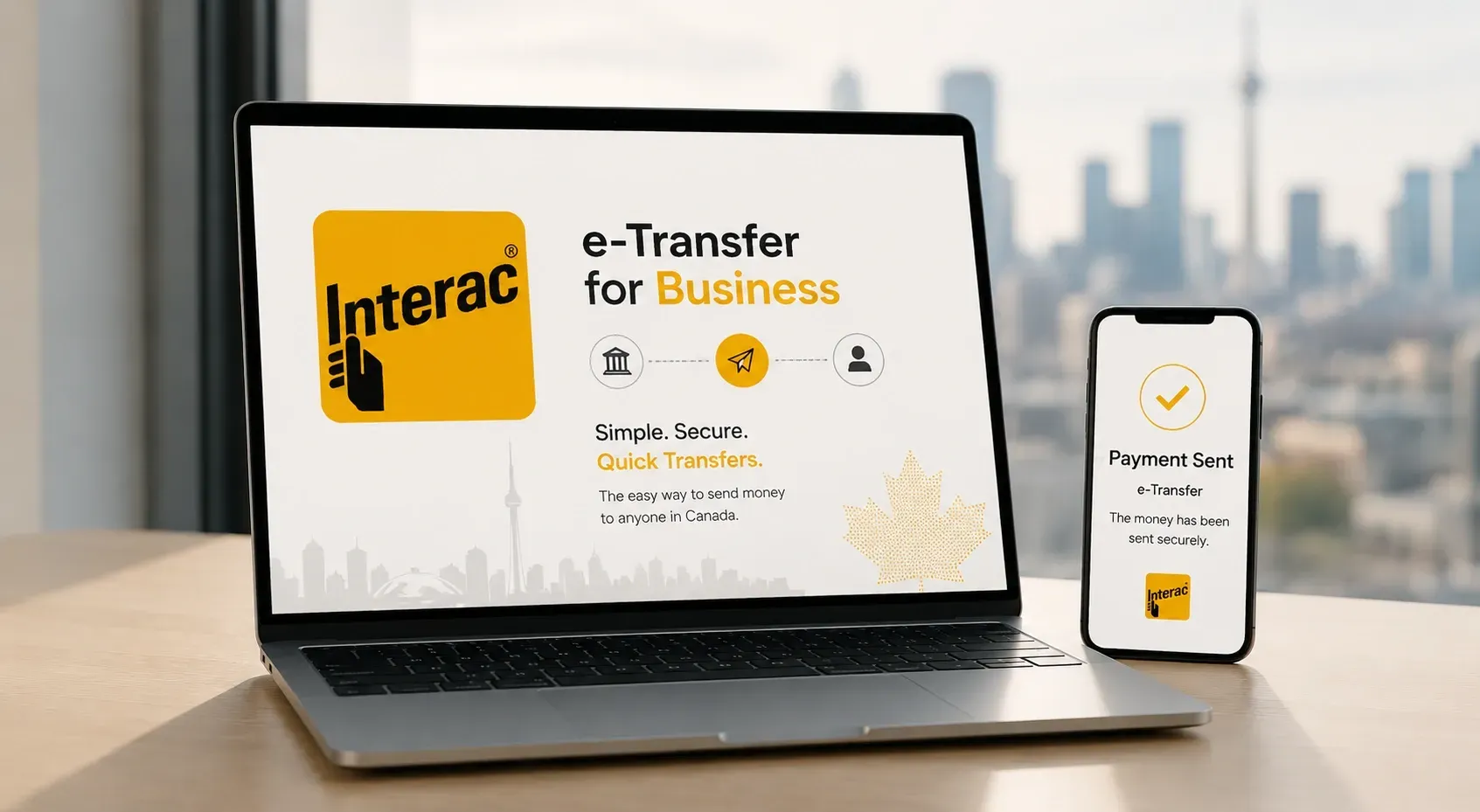 Interac e-Transfer for Business displayed on a laptop and smartphone in a modern Canadian office, illustrating fast, secure domestic business payments and digital money transfers.